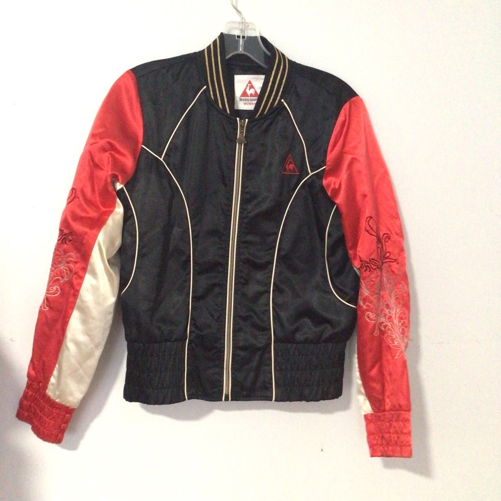 Vintage Le Coq Sportif Black and Red Bomber Jacket